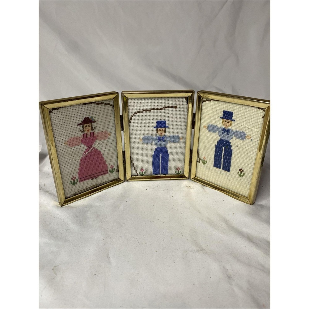 3 Panel Brass Picture Frame With Needlework Art Boy Girl Dress 3.5 X 5 In Panels